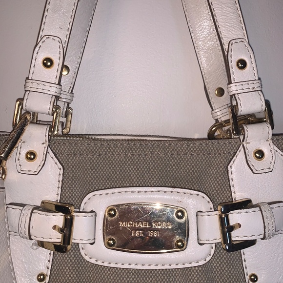 Michael Kors Gansevoort Canvas Satchel Leather Handbag Tan White - Picture 6 of 12
